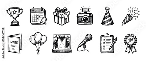 Hand-drawn doodle icon set for events and parties, including a trophy, gift box, invitation, stage, microphone, and first place ribbon, rendered in a simple black ink sketch style