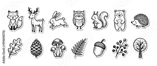 Collection of hand-drawn woodland animal and plant stickers in a cute doodle style, featuring a fox, deer, bear, owl, squirrel, mushroom, and acorn for children's design