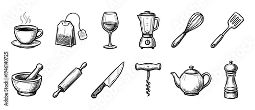 Hand-drawn kitchen utensils and drinks collection in a black and white sketch style, featuring a coffee cup, wine glass, blender, whisk, knife, and teapot for culinary concepts