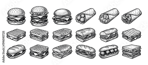 Set of various fast food sandwiches and burgers including subs, wraps, and paninis, all depicted in a detailed black and white hand-drawn vintage engraving illustration style
