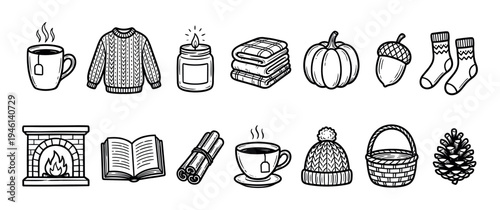 Set of hand-drawn cozy autumn icons featuring a knitted sweater, pumpkin, fireplace, hot tea, and candle in a simple black and white doodle style for seasonal concepts