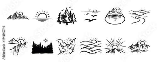 Set of twelve hand-drawn nature landscape icons featuring mountains, sunrises, forests, and rivers in a minimalist black and white doodle style for adventure and travel themes