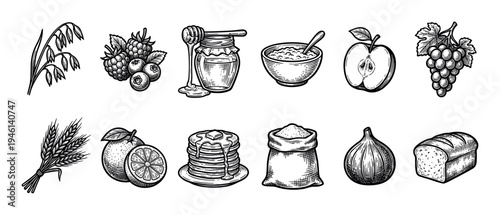 Collection of hand drawn food illustrations in a vintage engraving style featuring fruit, berries, grains, honey, pancakes, bread, and other organic farm ingredients