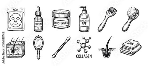 Hand-drawn collection of skincare and beauty icons including a face mask, serum, moisturizer, and derma roller in a black and white sketch style illustration set for cosmetology