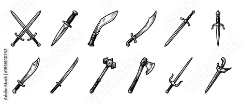 Collection of twelve medieval fantasy weapons illustrated in a black and white vintage engraving style, featuring swords, daggers, an axe, a war hammer, katana, and scimitar