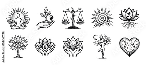 Set of hand-drawn spiritual icons for mindfulness, including yoga poses, lotus flowers, a yin-yang symbol, and a tree of life in a black and white sketch style