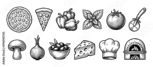 Set of pizza ingredients and equipment illustrations in a vintage black and white engraving style, including tomato, cheese, mushroom, oven, and chef hat for a pizzeria menu