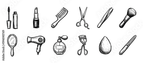 Hand-drawn black and white collection of beauty and cosmetic tools including lipstick, mascara, scissors, and a hairdryer in a simple sketch style illustration set