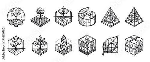 Collection of hand-drawn sketch icons combining nature and industry, featuring plants and roots within geometric shapes for ecology and sustainable technology concepts
