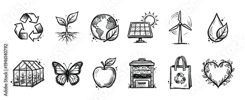 Twelve hand-drawn black and white ecology icons in a sketch style representing sustainability and conservation, including a recycle symbol, planet, solar panel, and wind turbine