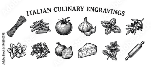 Vintage culinary engravings of food ingredients for Mediterranean cooking, showing pasta, vegetables, herbs, cheese, and a rolling pin in a detailed sketch style