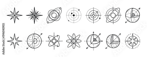Set of hand-drawn scientific icons featuring stars, atoms, planetary orbits, and celestial navigation symbols in a minimalist black and white doodle style for educational design