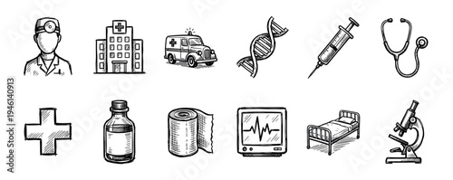 Set of hand-drawn medical icons in a black and white sketch style, including a doctor, hospital, ambulance, syringe, DNA, stethoscope, microscope, and other healthcare symbols