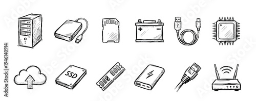 Set of hand-drawn computer hardware icons including a PC tower, SSD, RAM, CPU, router, and power bank in a black and white sketch style for technology concepts