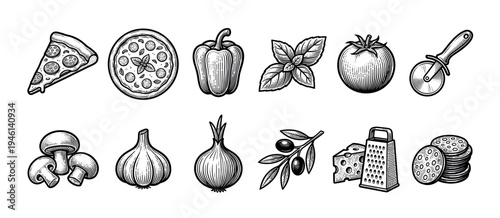 Pizza ingredients and tools illustration set in a vintage black and white engraving style, including pepperoni, mushroom, tomato, cheese, basil, and a cutter for menu design