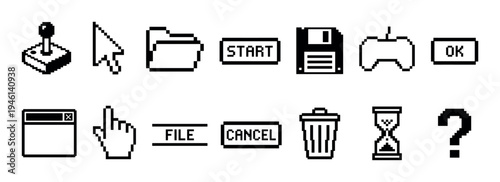 Set of pixel art user interface icons in a retro 8-bit computer style, featuring a cursor, folder, floppy disk, and joystick for a vintage gaming or old OS concept