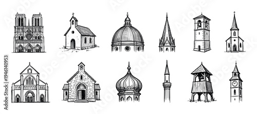 Collection of hand-drawn religious buildings including churches, cathedrals, and a minaret in a black and white ink sketch style, showcasing various architectural designs and historical structures