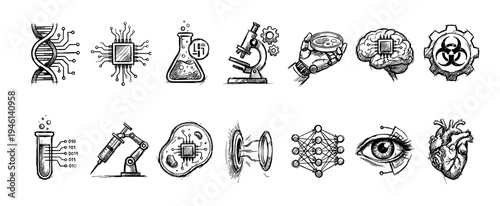 Collection of hand-drawn sketch style icons for biotechnology, science, and artificial intelligence, including a DNA helix, microchip, robotic arm, neural network, brain, and heart