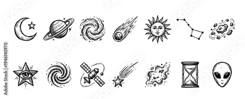 Hand-drawn space and astronomy icon set in a vintage sketch style, featuring a planet, sun, moon, alien, satellite, galaxy, comet, and other celestial symbols