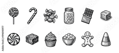 Vintage style set of various candies and sweets including a lollipop, candy cane, chocolate, and cupcake drawn in a detailed black and white engraving illustration style