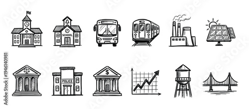 Hand-drawn set of urban infrastructure icons representing public services like school, police, transportation, finance, and energy in a simple black and white sketch style