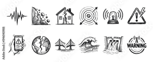 Hand-drawn sketch icon set illustrating natural disasters and emergency warnings like earthquakes, tsunamis, and landslides in a black and white doodle style
