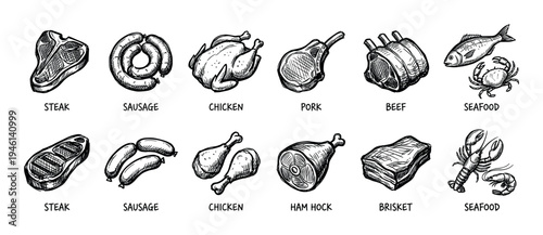 Hand-drawn collection of meat and seafood illustrations including steak, chicken, pork, and fish, a black and white sketch set perfect for a butcher shop menu or grocery store