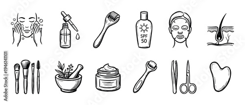 Collection of black and white beauty icons featuring skincare products like serum, cream, sunscreen, and tools such as a derma roller, gua sha, and brushes in a hand-drawn sketch style