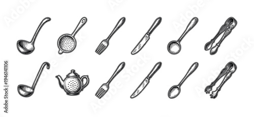 Vintage collection of kitchen utensils and cutlery including a teapot, ladle, spoon, fork, knife, strainer, and tongs in a detailed black and white engraved illustration style