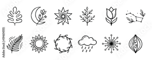 Collection of twelve hand-drawn nature icons with celestial and botanical elements, including a moon, sun, flower, and leaf, rendered in a simple black and white line art style