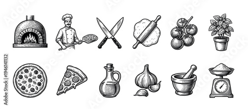 Collection of vintage pizza making icons in a hand-drawn engraving style featuring a chef, wood-fired oven, fresh ingredients like tomatoes and basil, and various cooking tools