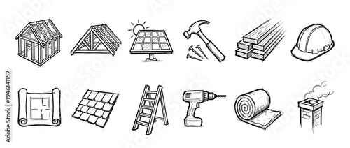 Hand-drawn construction and home improvement icons in a black and white sketch style, featuring a house frame, solar panel, hammer, drill, blueprint, and building materials