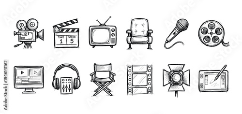 Collection of hand-drawn cinema icons representing filmmaking and video production, including a camera, clapperboard, microphone, and director's chair in a black sketch style