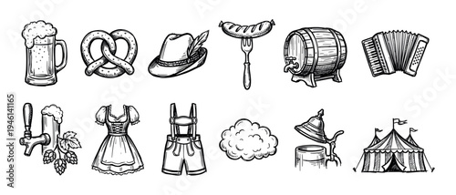 Hand-drawn set of beer festival icons featuring a pretzel, sausage, traditional clothing, accordion, and a wooden barrel in a black and white sketch style illustration