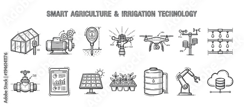 Smart agriculture and irrigation technology icon set hand-drawn in a black and white doodle style, featuring a drone, robot, sensor, and modern farming equipment