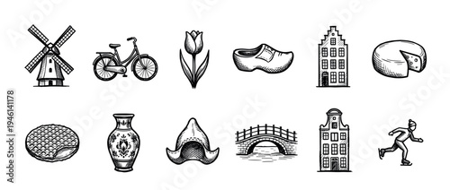 Set of traditional European culture icons in a hand-drawn sketch style, including a windmill, bicycle, tulip, wooden shoe, canal house, and cheese wheel