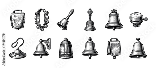 Collection of twelve different vintage bells in a detailed black and white engraving style, including handbell, cowbell, church bell, and ornate temple bell illustrations