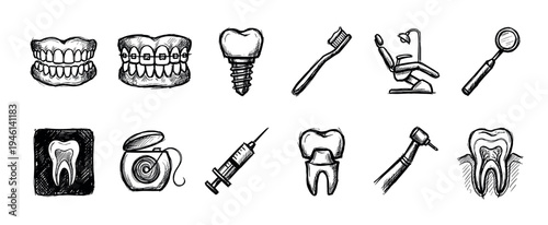 Collection of hand-drawn dental care icons showing teeth, braces, an implant, a crown, a drill, and other dentistry tools in a black and white sketch illustration set