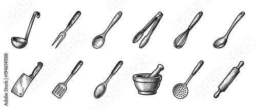 Collection of vintage kitchen utensils illustrated in a detailed black and white engraving style, including a ladle, fork, spoon, tongs, whisk, cleaver, and rolling pin