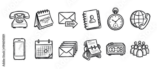 Hand-drawn black and white communication icons set in a sketchy doodle style illustrating business, office, and time management symbols like telephone, calendar, mail, and contacts