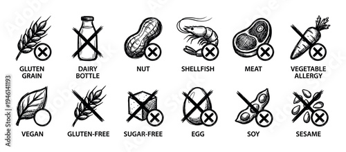 Collection of black and white food allergy and dietary restriction icons, hand-drawn in a simple sketch style to indicate gluten, dairy, nuts, soy, and other common allergens