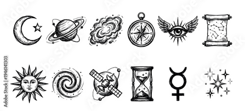 Collection of black and white esoteric symbols hand-drawn in a vintage engraving style, featuring celestial objects, alchemical signs, a compass, and a mystical winged eye