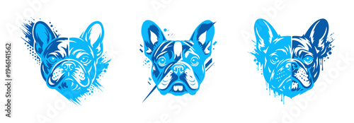 Blue French Bulldog Portrait Vector Set, Abstract Grunge Splatter Dog Illustration