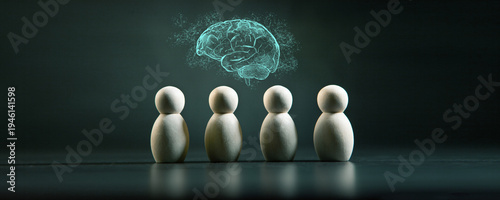 Brainstorming concept with wooden figures and human brain on dark background