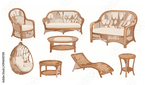 Watercolor rattan furniture clip art set with wicker chairs sofa and tables isolated on white background