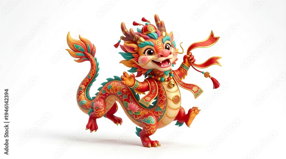 Naklejka premium Cute Chibi Vietnamese Dragon Dancing Pose 3D Illustration for Asian Lunar New Year, pure white background