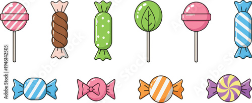 Colorful Candy and Lollipop Vector Icon Set with Wrapped Sweets, Striped Candies and Sugar Treat Illustrations for Confectionery, Dessert Menu, Kids Party and Candy Shop Designs