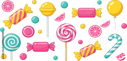 Colorful Candy and Lollipop Vector Set with Sweet Confectionery, Candy Cane, Wrapped Candies, Citrus Slices, and Cute Dessert Elements for Kids Party Design