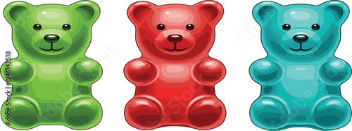 Colorful Gummy Bear Candy Vector Set Featuring Green, Red, and Blue Jelly Sweets with Glossy Texture for Confectionery, Snack Packaging, and Dessert Designs