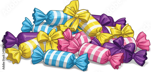 Colorful Wrapped Candy Pile Vector Illustration with Striped Sweet Candies in Bright Wrappers for Confectionery, Dessert Design, Kids Party, and Candy Shop Graphics